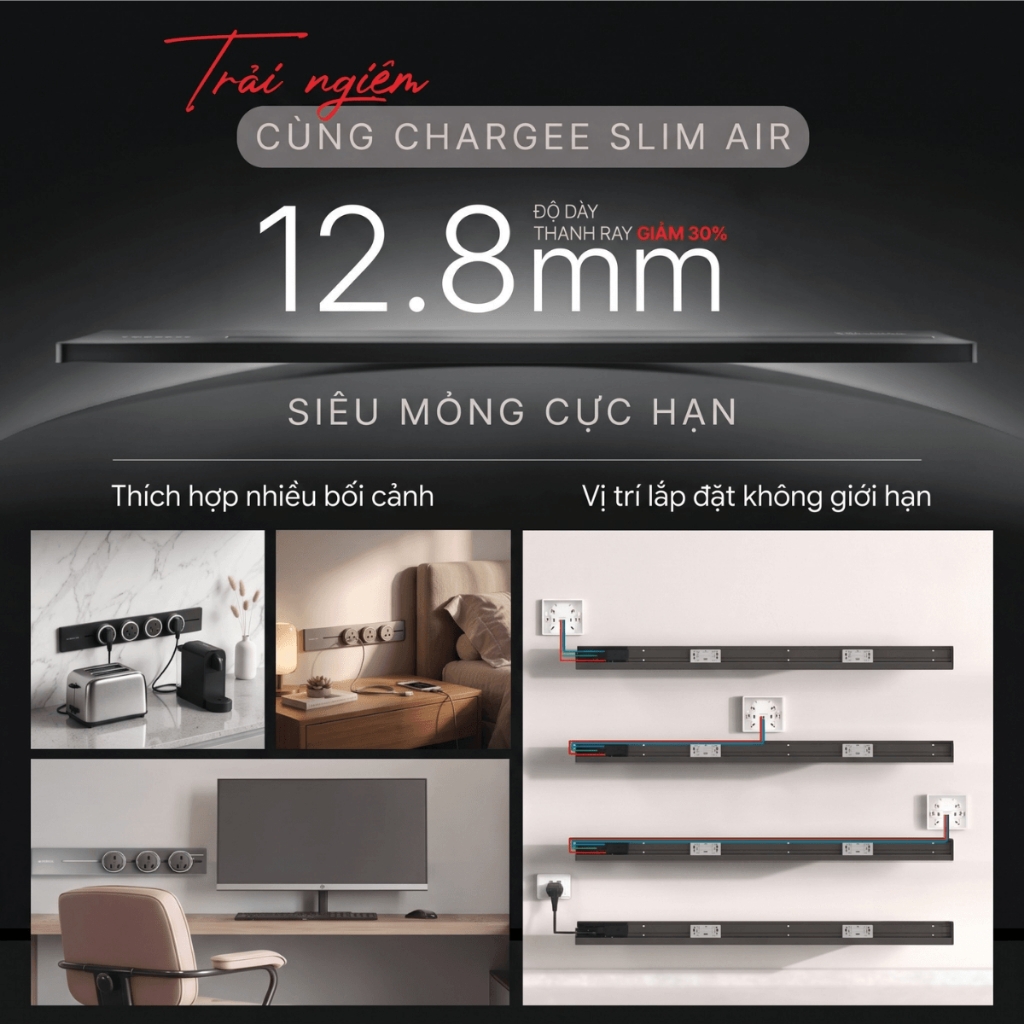 Chargee SlimAir Combo Thanh ray 50cm + ổ đa năng, ổ USBC sạc nhanh màu Xám/Đen siêu mỏng 12.8mm, thẩm mỹ