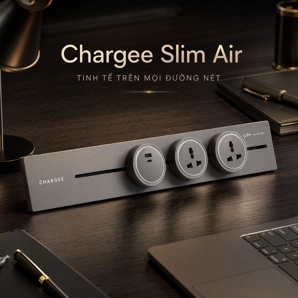 Chargee SlimAir Combo Thanh ray 50cm + ổ đa năng, ổ USBC sạc nhanh màu Xám/Đen siêu mỏng 12.8mm, thẩm mỹ