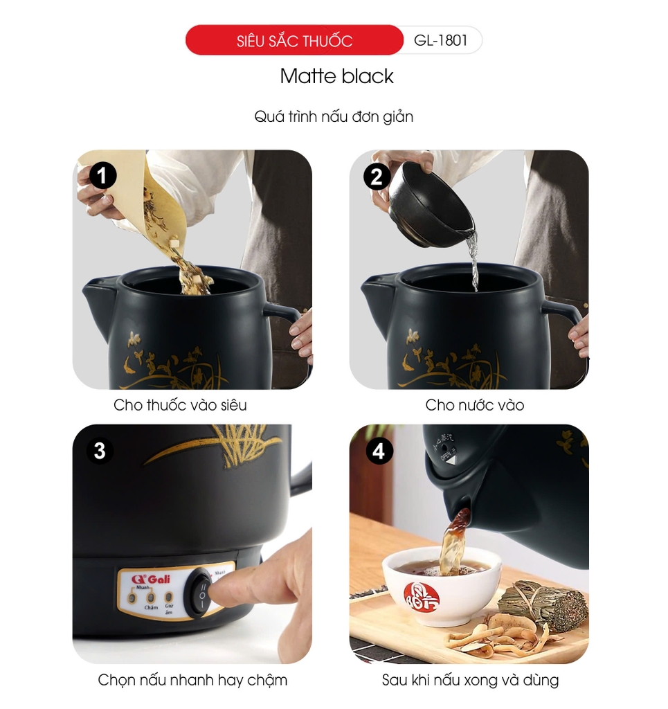 Siêu sắc thuốc 1801 Matte Black - 3.3L - Bảo hành 2 năm