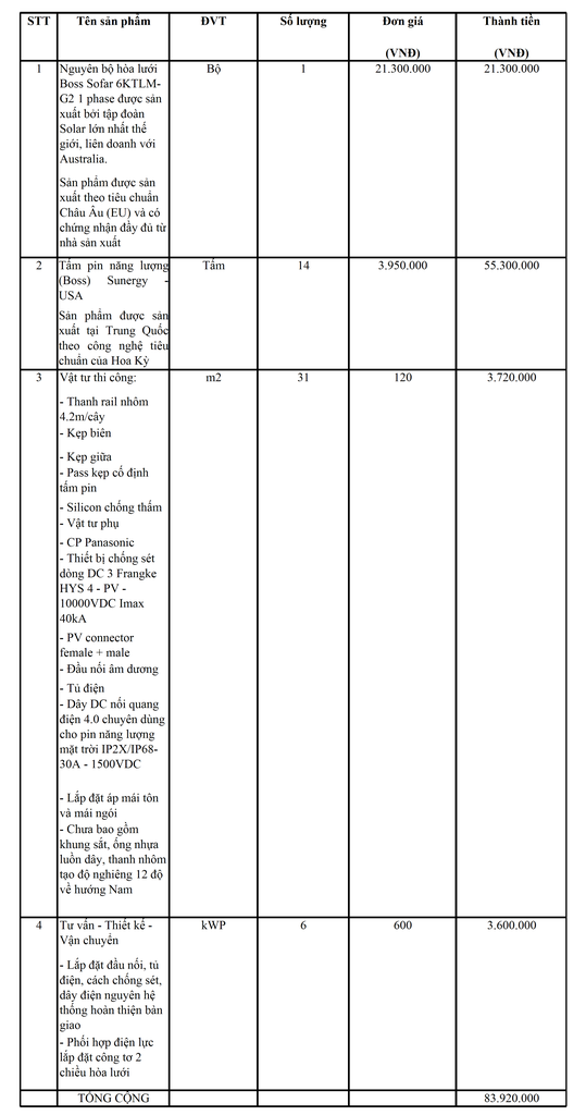 Bảng báo giá điện năng lượng mặt trời 6kW -1