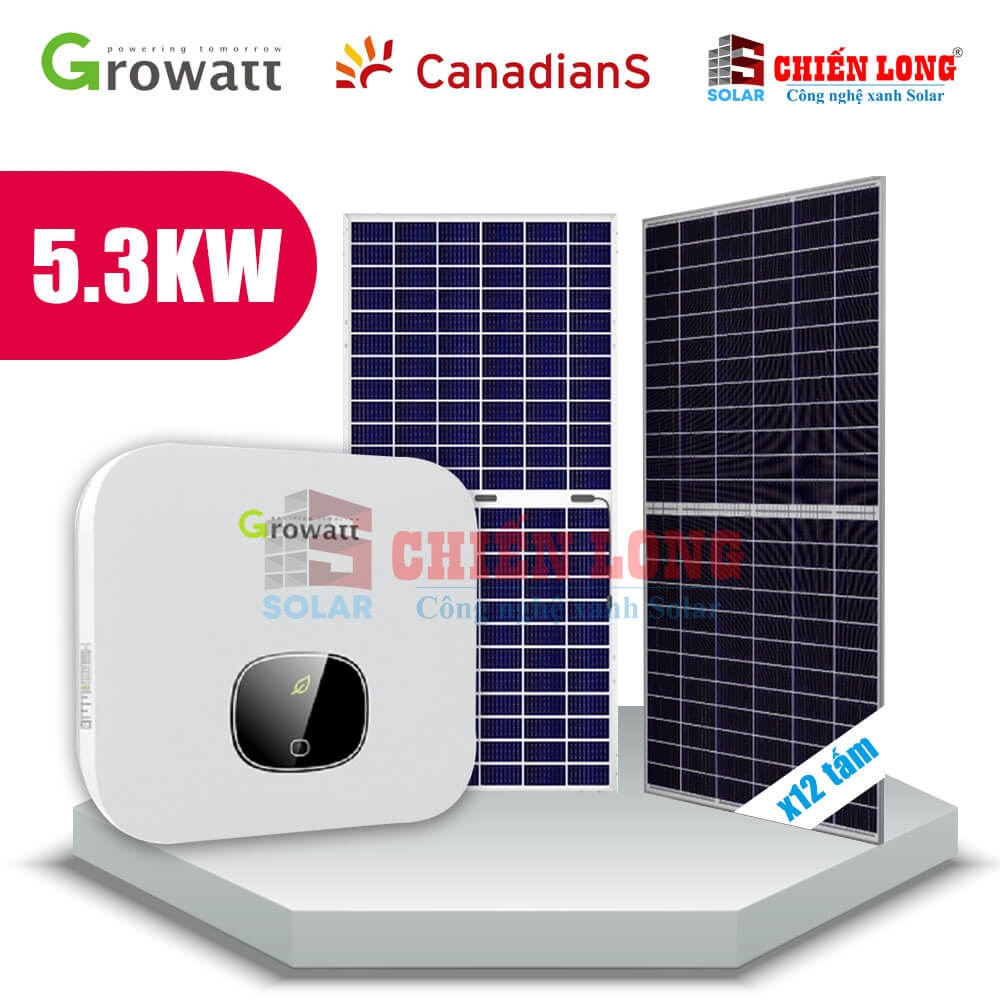 Báo giá 12 tấm pin Canadian 445w | 1 Inverter Growatt MIN 5000TL-X hệ hòa lưới 5.3Kw Áp mái