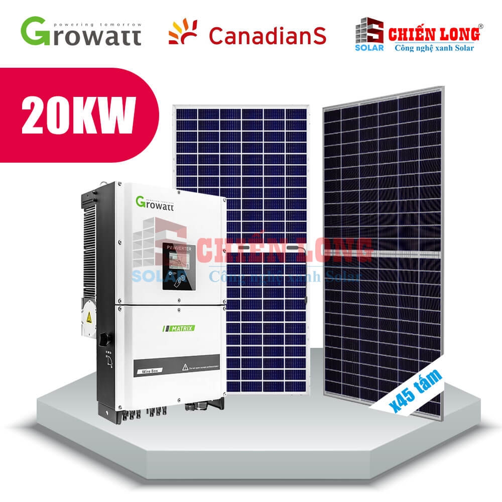 Báo giá 45 tấm pin Canadian 445w | 1 Inverter Growatt MID 20KTL3-X hệ hòa lưới 20KW-3Pha