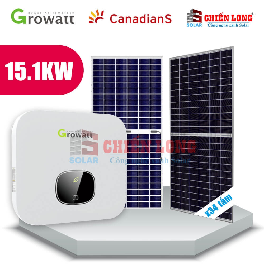 Báo giá 34 tấm pin Canadian 445w | 3 Inverter Growatt MIN 5000TL hòa lưới 15.1KW -1Pha