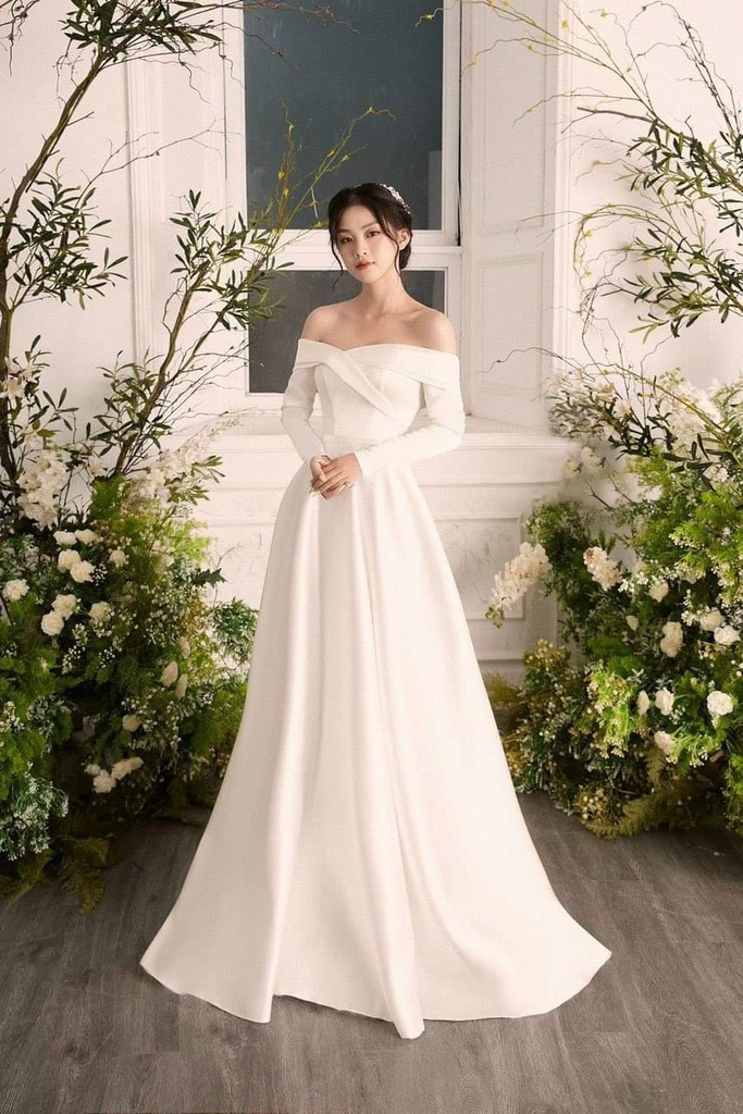 Váy cưới ngắn lệch vai đẹp, đơn giản cho cô dâu đi bàn #1075