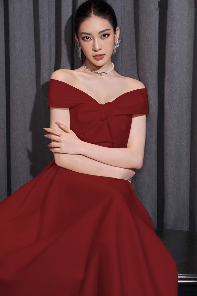 Đầm váy đỏ tết đi tiệc sang chảnh cổ áo dài chất vải đẹp