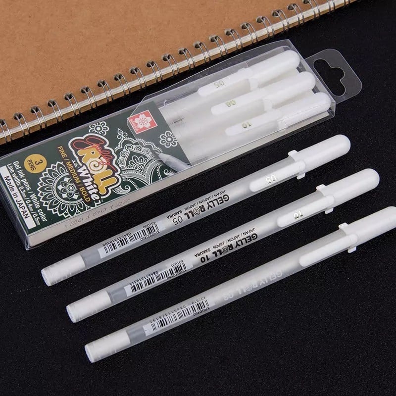 Bộ Bút line kháng nước Trắng, Nhũ Vàng, Bạc SAKURA Gelly Roll set 3 cây