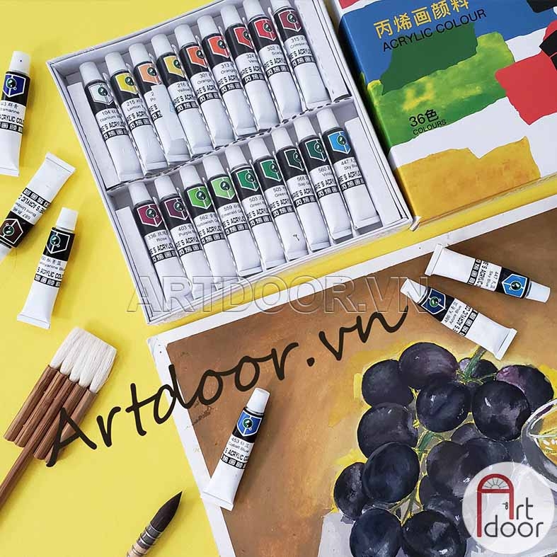 Bộ màu vẽ Acrylic MARIES Tuýp 12ml custom giày, áo, túi, vải, canvas, tô tượng (hộp giấy) - [xả kho]