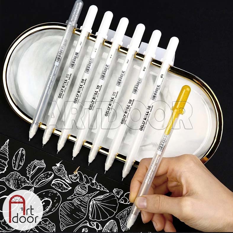 Bộ Bút line kháng nước Trắng, Nhũ Vàng, Bạc SAKURA Gelly Roll set 3 cây