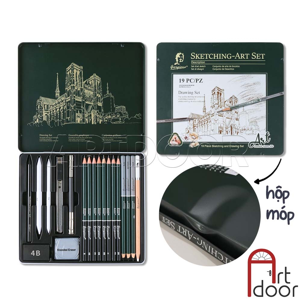 [HÀNG LỖI, THANH LÝ] Bộ dụng cụ vẽ chì GIORGIONE truyền thần chuyên nghiệp 19 món (hộp thiếc, MÓP)