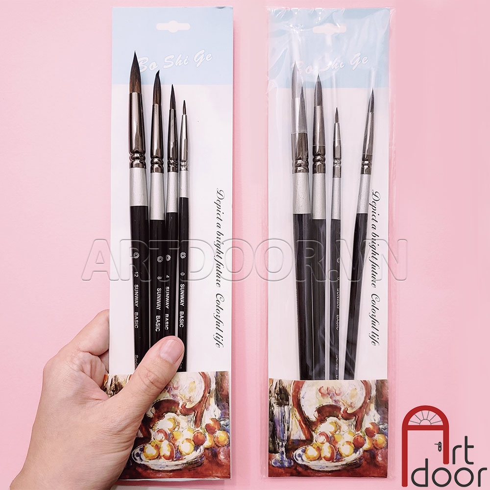 Cọ vẽ màu nước đầu Tròn SUNWAY Basic (B207) lông Sóc, thân Đen