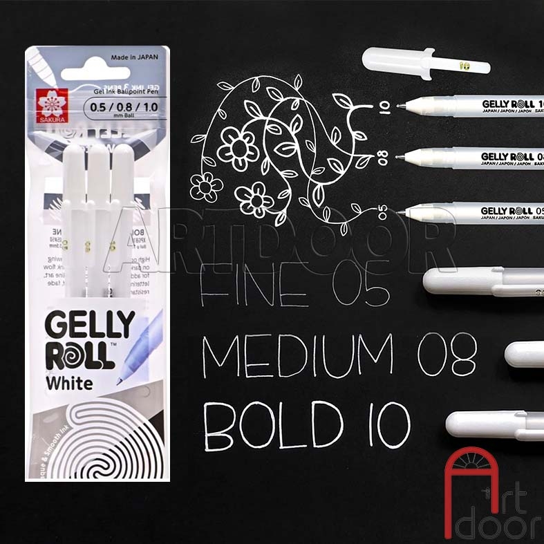 Bộ Bút line kháng nước Trắng, Nhũ Vàng, Bạc SAKURA Gelly Roll set 3 cây
