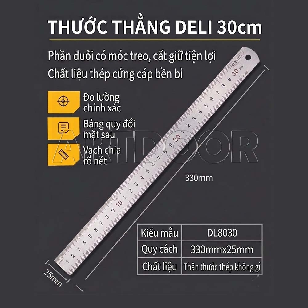 Thước Thép DELI Dạng Thẳng 30cm dùng trong Vẽ Kỹ Thuật, Nội Thất, Kiến Trúc, Mỹ Thuật