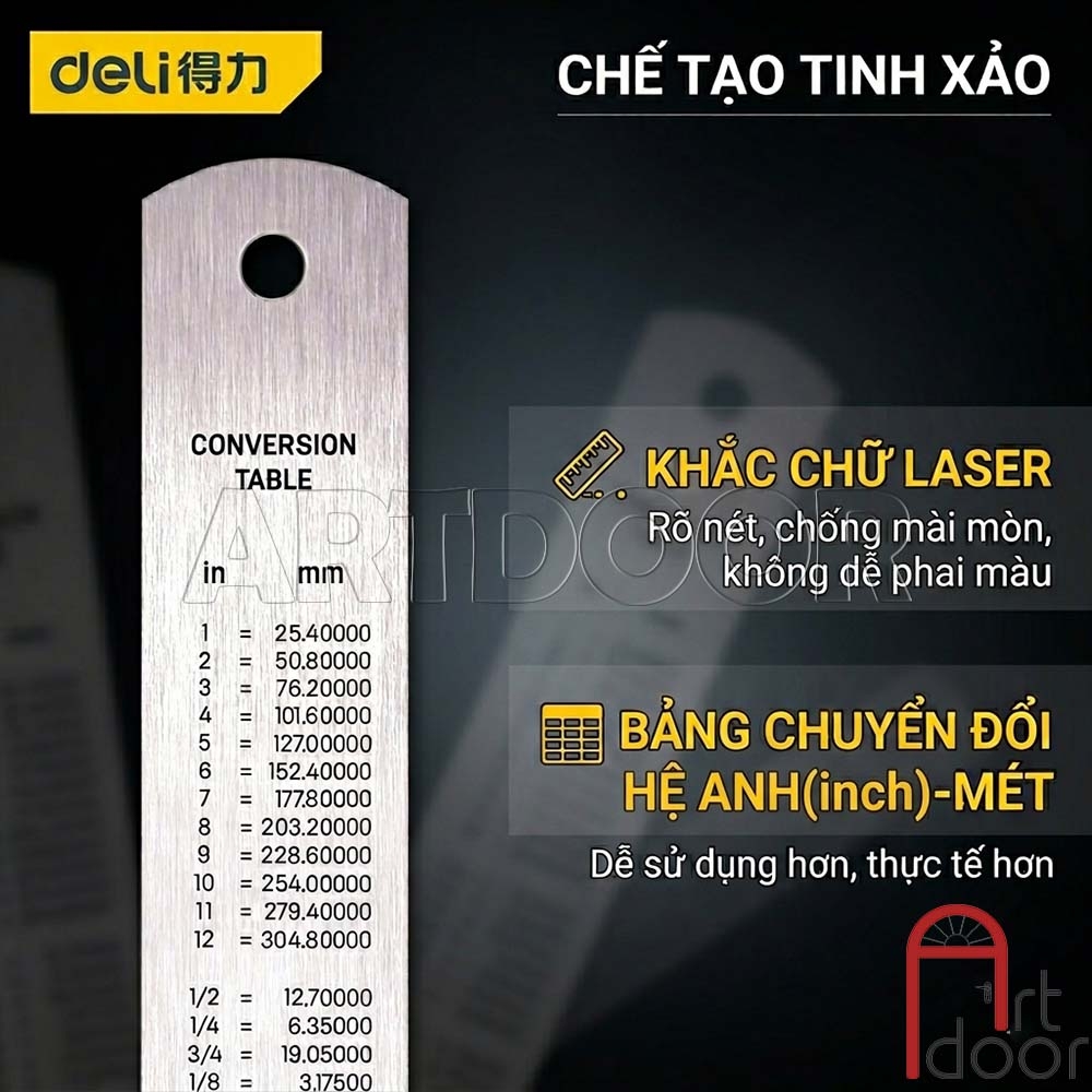 Thước Thép DELI Dạng Thẳng 30cm dùng trong Vẽ Kỹ Thuật, Nội Thất, Kiến Trúc, Mỹ Thuật