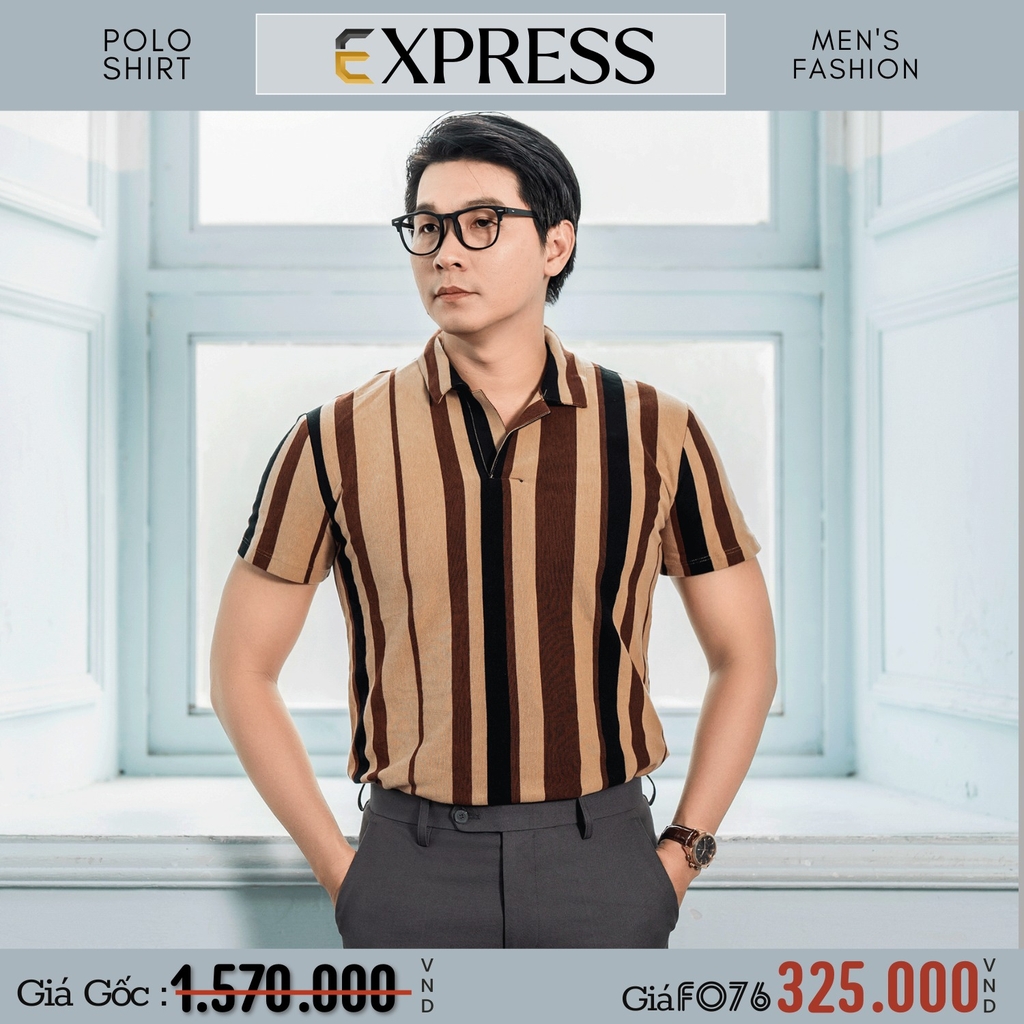 EXPRESS ÁO THUN POLO NAM TAY NGẮN KẺ SỌC DỌC MÀU NÂU VÀNG RN 55285