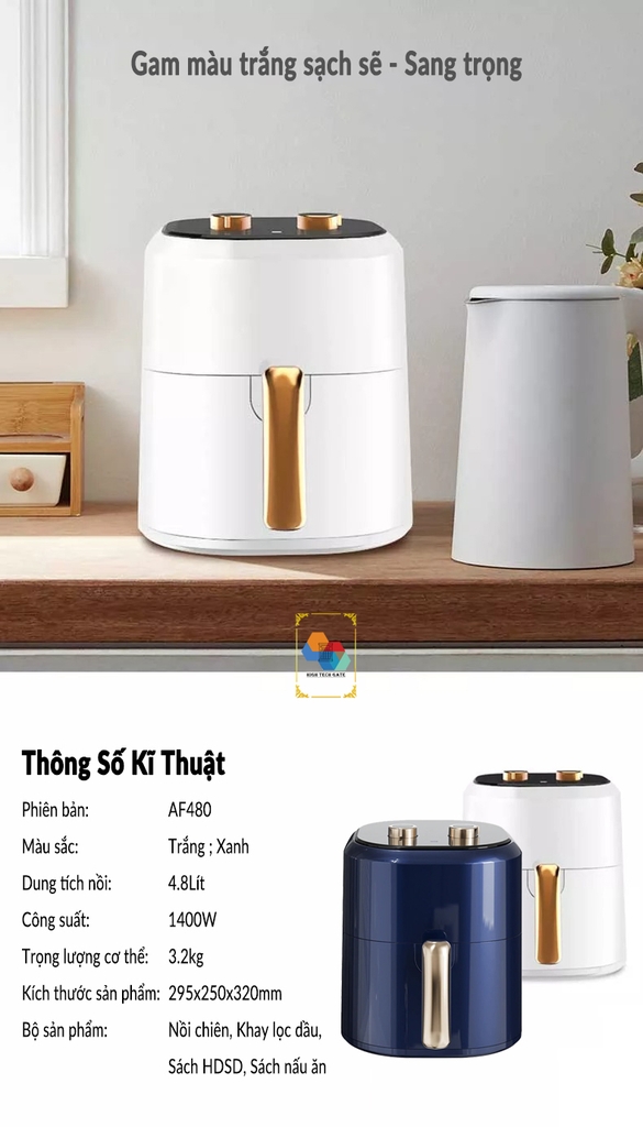 Nồi chiên không dầu Airbot AF480 dung tích 4.8L, công nghệ gió xoáy 360º 3D turbo, chống dính, tự động bật/tắt an toàn