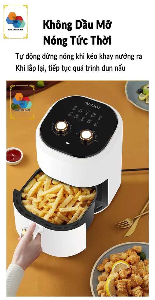 Nồi chiên không dầu Airbot AF480 dung tích 4.8L, công nghệ gió xoáy 360º 3D turbo, chống dính, tự động bật/tắt an toàn