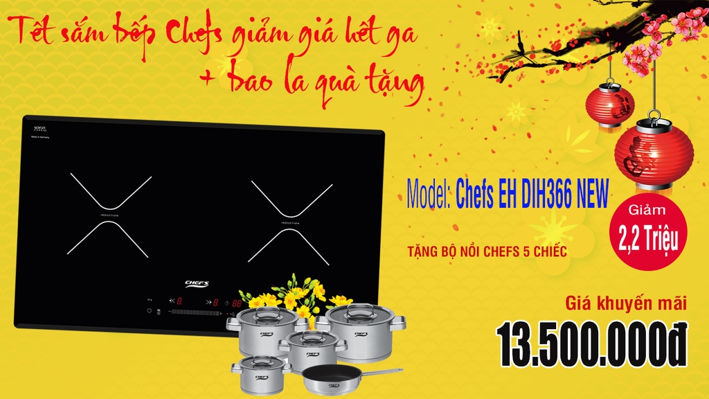 Bếp từ Chefs EH DIH366 NEW giảm giá đến 2,2 triệu tặng thêm bộ nồi