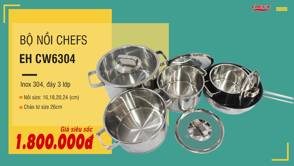 Giá rẻ sốc khi đặt mua bộ nồi Chefs CW6304