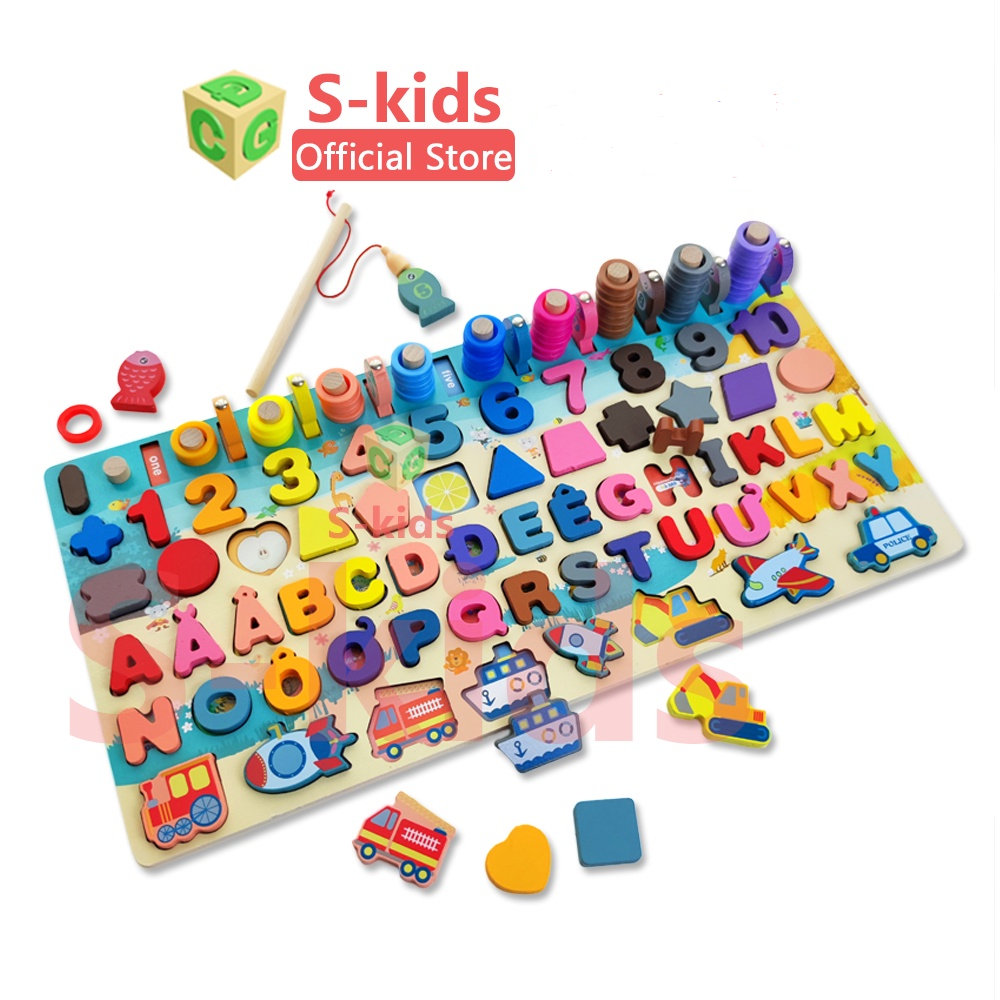 Đồ chơi bảng chữ cái thông minh S-kids, bộ trò chơi câu cá và ghép số học bằng gỗ cho bé.