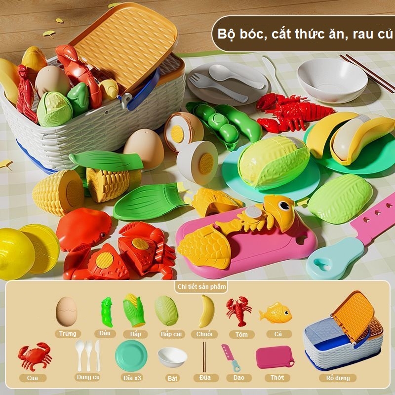 Đồ chơi cắt trái cây rau củ thức ăn bằng nhựa kèm giỏ đựng gọn gàng, bộ đồ chơi nấu ăn cho bé