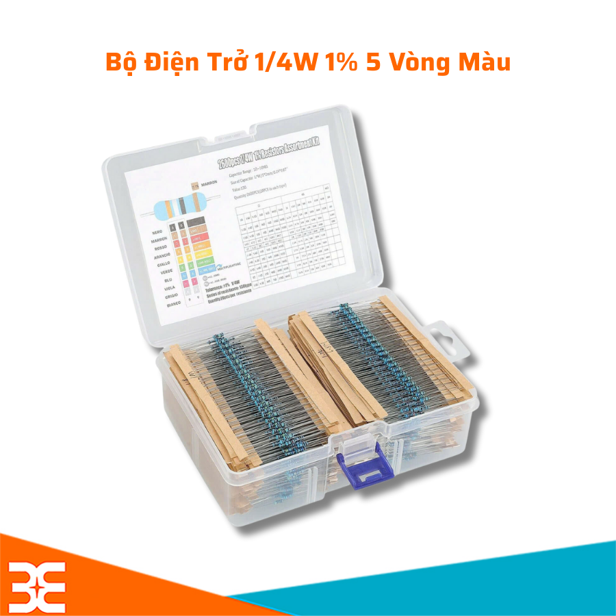 Bộ Điện Trở 1/4W – 130 Giá Trị Từ 1 Ohm Đến 3M Ohm (Sai Số 1%, 5 Vòng Màu)