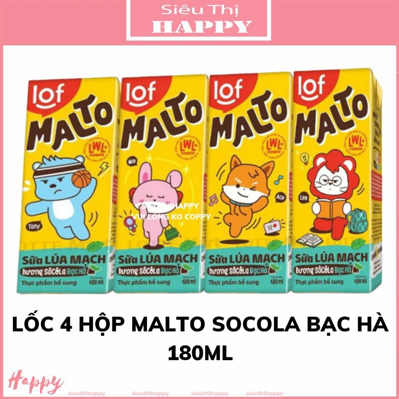 [Mua 3 lốc tặng 1 ly] Lốc 4 hộp sữa lúa mạch Malto 180ml vị socola và socola bạc hà