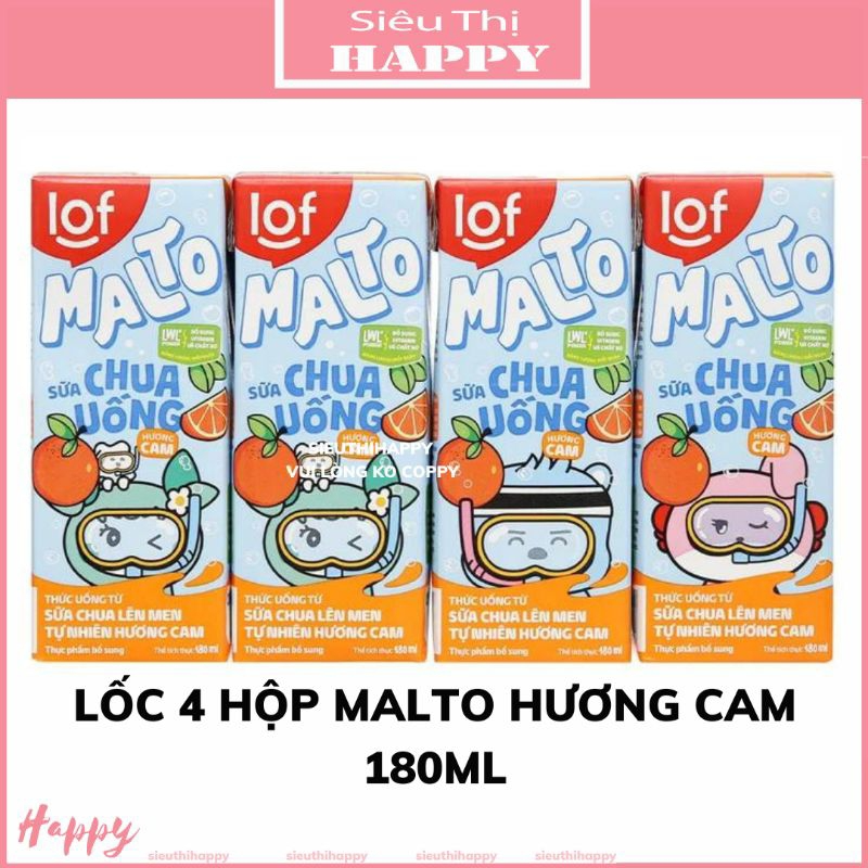 Lốc 4 hộp sữa chua uống Malto 180ml vị cam/nho/chanh tuyết