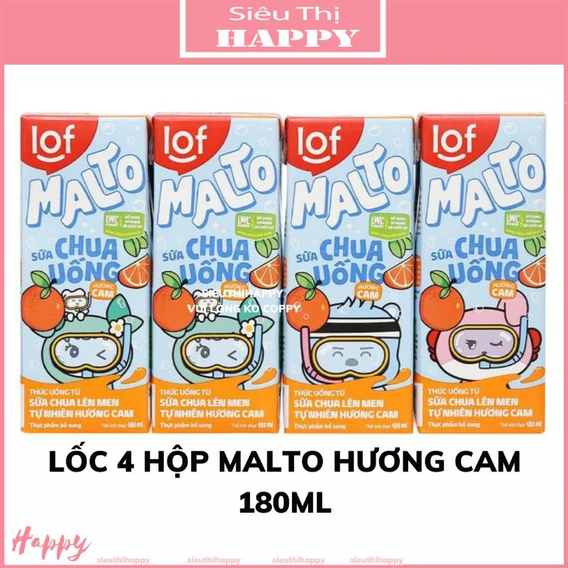 [Mua 3 lốc tặng 1 ly] Sữa chua uống Malto lốc 4 hộp 180ml vị cam/nho/chanh tuyết