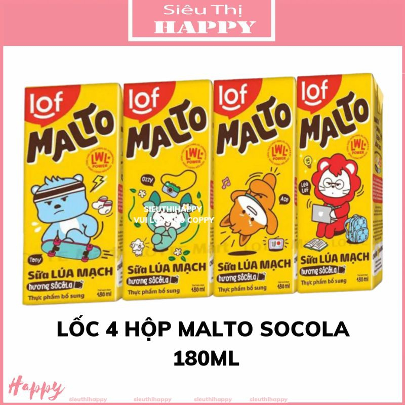 Lốc 4 hộp sữa lúa mạch Malto 180ml vị socola và socola bạc hà