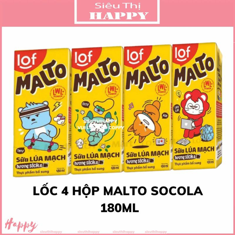 [Mua 3 lốc tặng 1 ly] Lốc 4 hộp sữa lúa mạch Malto 180ml vị socola và socola bạc hà