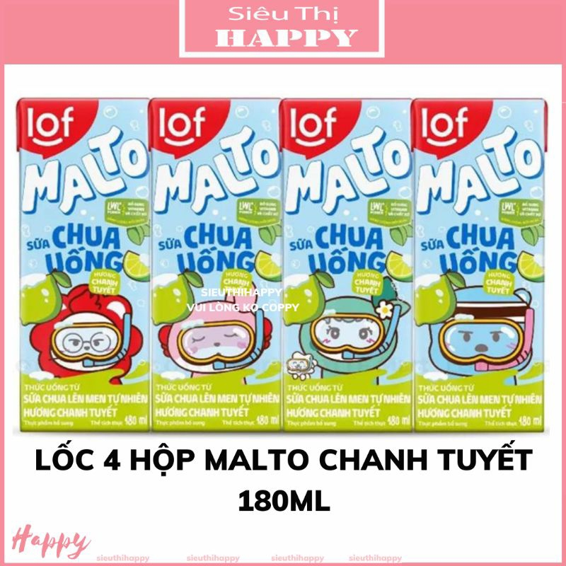 Lốc 4 hộp sữa chua uống Malto 180ml vị cam/nho/chanh tuyết