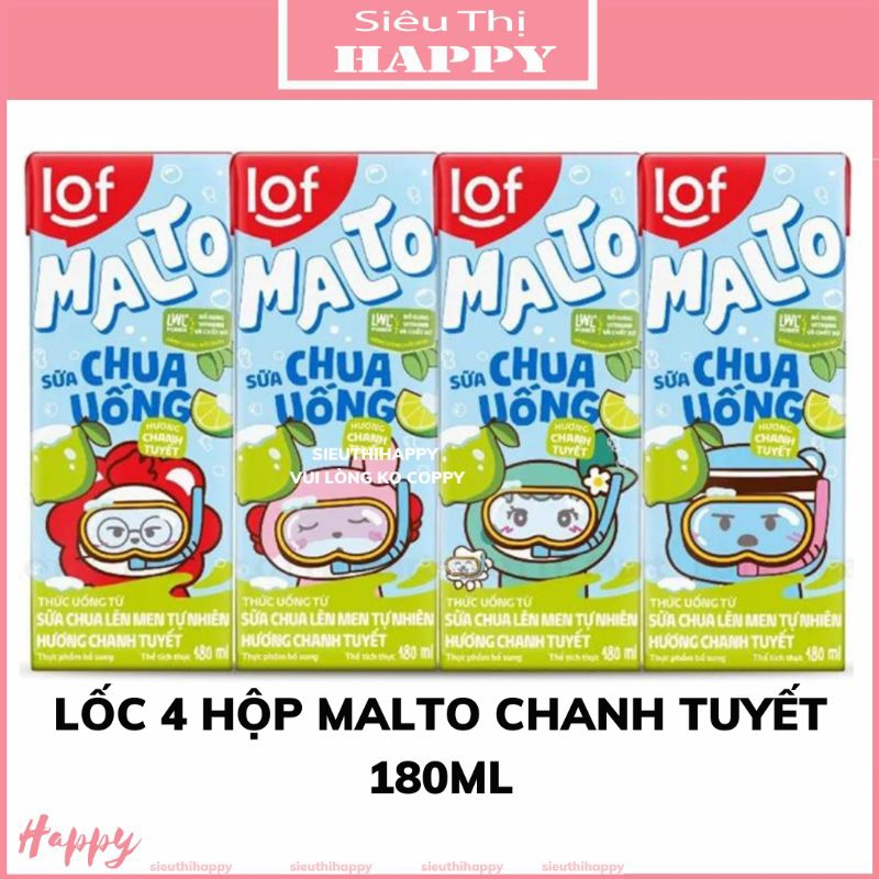 [Mua 3 lốc tặng 1 ly] Sữa chua uống Malto lốc 4 hộp 180ml vị cam/nho/chanh tuyết