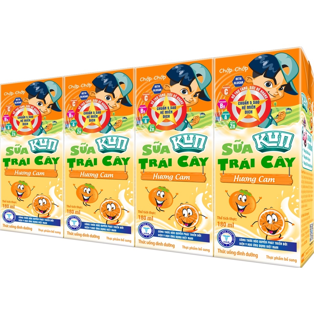 Thùng 48 hộp x 180ml Kun sữa trái cây hương cam/nho/nhiệt đới.