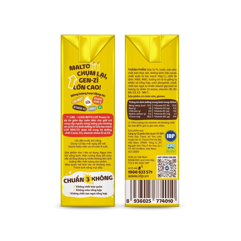 Thùng 48 hộp x180ml Lof Malto sữa lúa mạch hương socola.