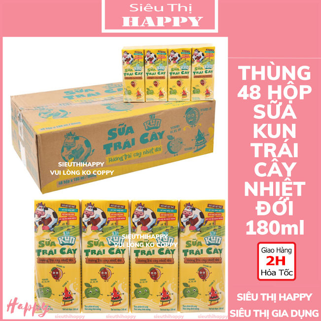 Thùng 48 hộp x 180ml Kun sữa trái cây hương cam/nho/nhiệt đới.