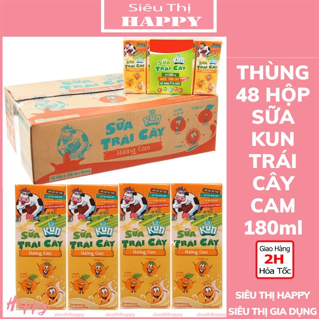 Thùng 48 hộp x 180ml Kun sữa trái cây hương cam/nho/nhiệt đới.