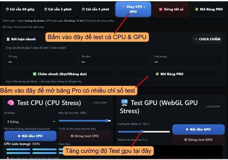 Test CPU GPU laptop online - kiểm tra hiệu năng và độ ổn định