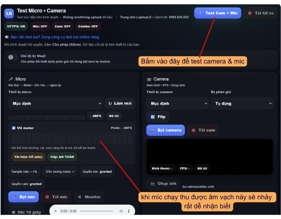 Test mic và camera laptop online - kiểm tra quyền truy cập và thiết bị