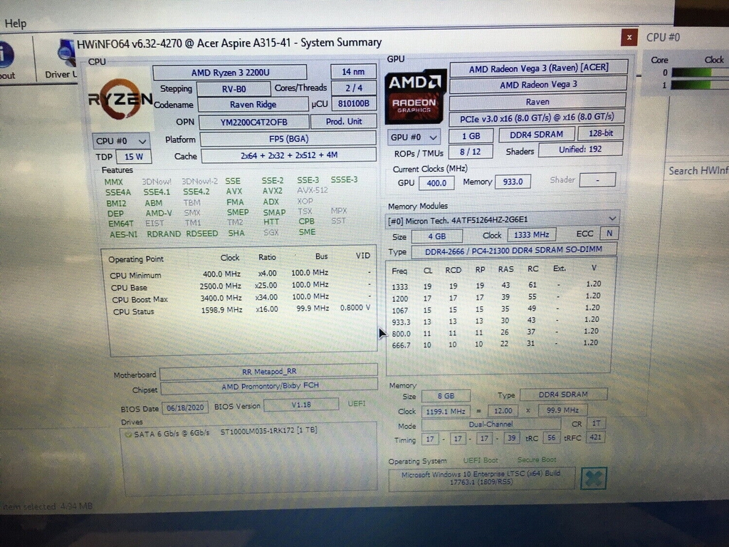 Main Acer Aspire A315-41 AMD Ryzen 3 2200U 2.5Ghz