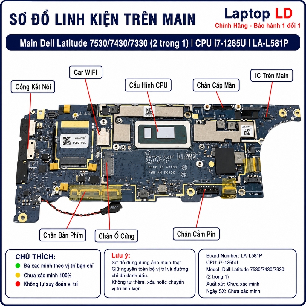 Main Dell Latitude 7530/7430/7330 | CPU I7-1265U | LA-L581P