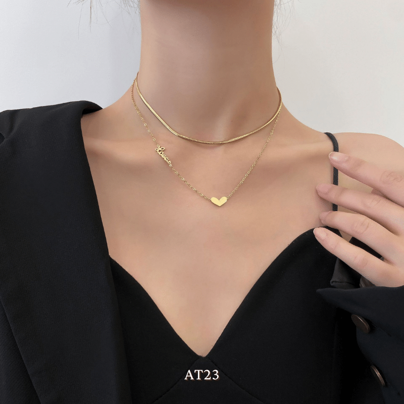 Dây chuyền titan không đen gỉ sợi đôi mặt tim mạ vàng nữ tính thanh lịch AT23