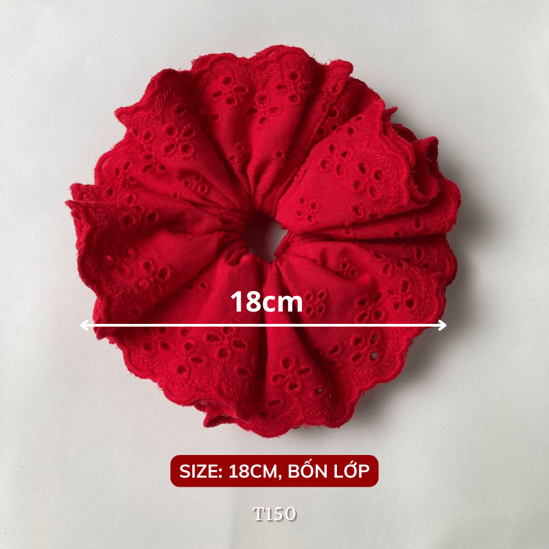 Buộc tóc Scrunchies màu đỏ hoa văn Thêu hoa in nổi T150-2