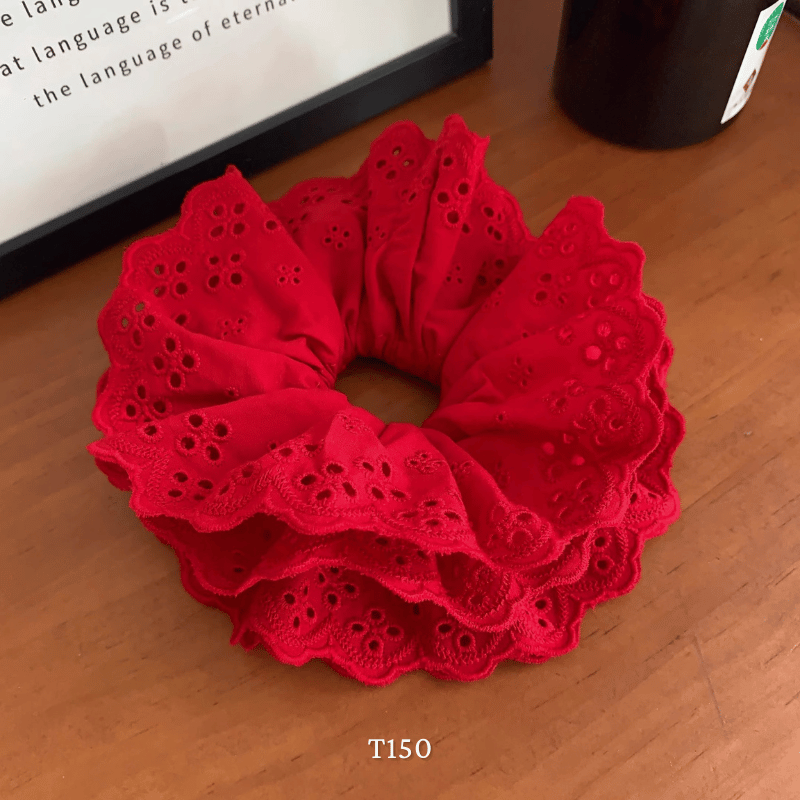 Buộc tóc Scrunchies màu đỏ hoa văn Thêu hoa in nổi T150-2