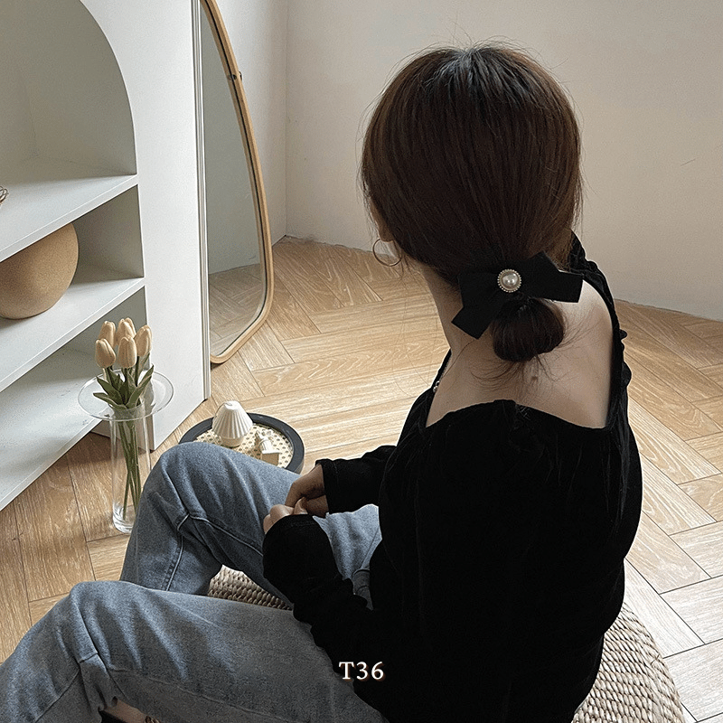 Buộc tóc cột tóc hình nơ đính đá đen cá tính hiện đại Mely T36
