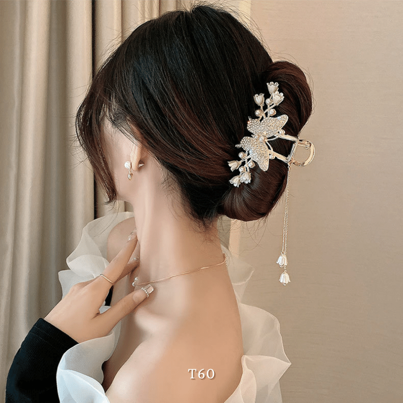 Kẹp tóc hình bướm đính đá hoa tulip phụ kiện tóc sang trọng hiện đại T60