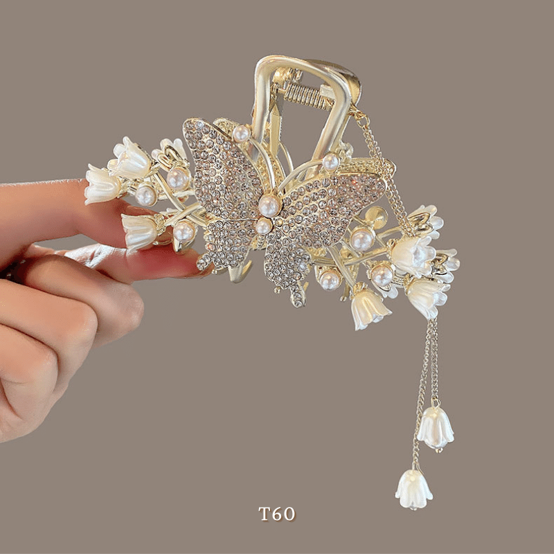 Kẹp tóc hình bướm đính đá hoa tulip phụ kiện tóc sang trọng hiện đại T60