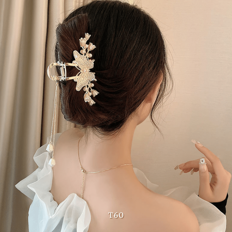 Kẹp tóc hình bướm đính đá hoa tulip phụ kiện tóc sang trọng hiện đại T60