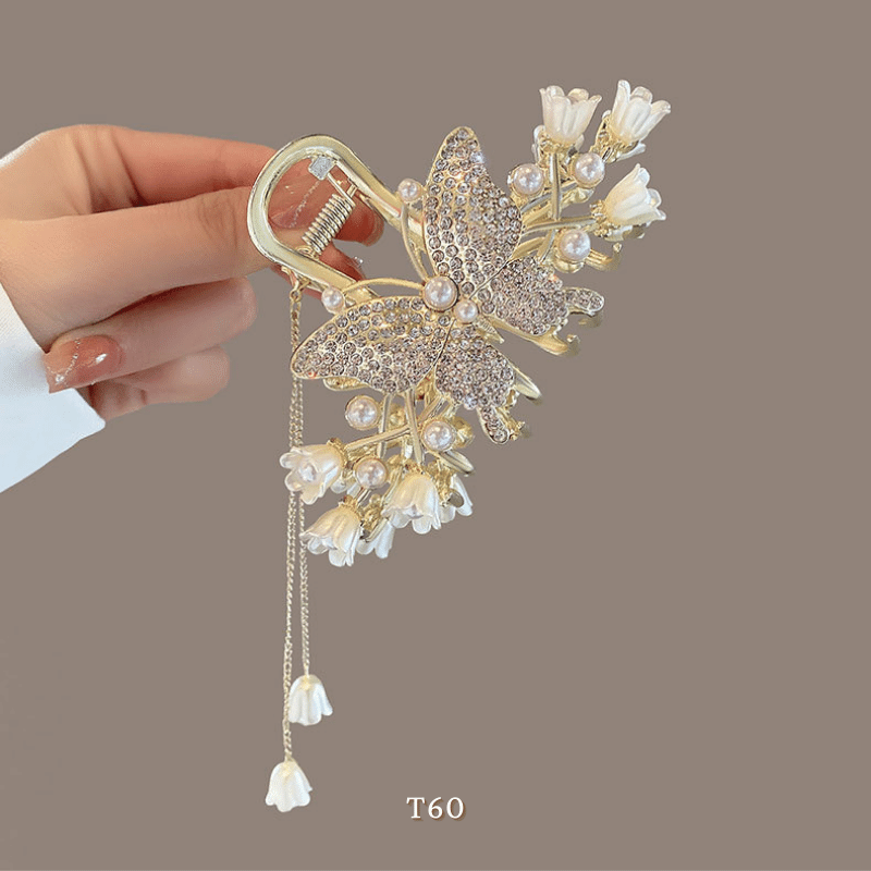 Kẹp tóc hình bướm đính đá hoa tulip phụ kiện tóc sang trọng hiện đại T60