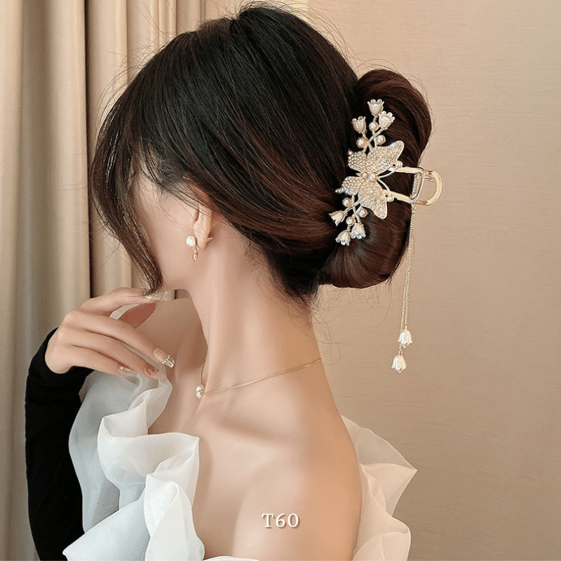 Kẹp tóc hình bướm đính đá hoa tulip phụ kiện tóc sang trọng hiện đại T60