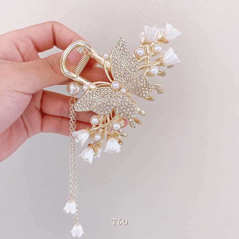 Kẹp tóc hình bướm đính đá hoa tulip phụ kiện tóc sang trọng hiện đại T60
